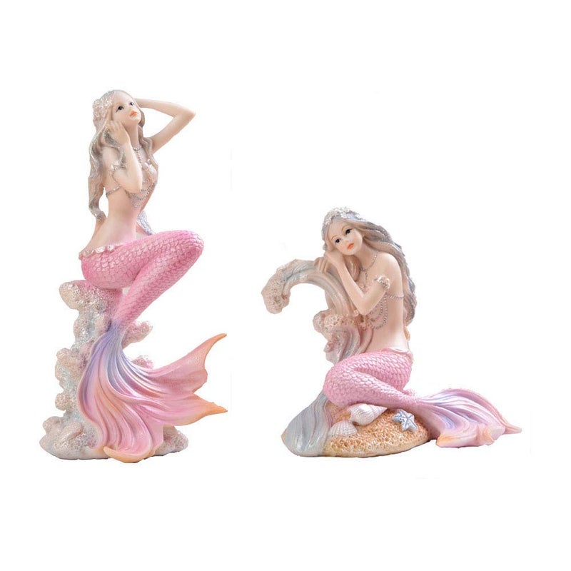 Rayberro Pink Mermaid Figurines 7.28" Resin Mermaid Sculpture Mediterranean Princess Ornaments Home Office Desktop Bookshelf Mermaid Collectible Figurines Crafts Fish Tank Aquarium Decoration - Image 4